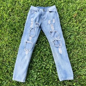 High waisted denim ripped mom jeans